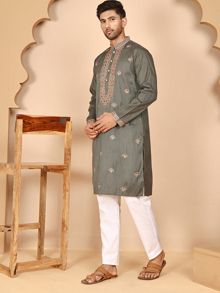 Embroidered Neck Kurta Set For Men