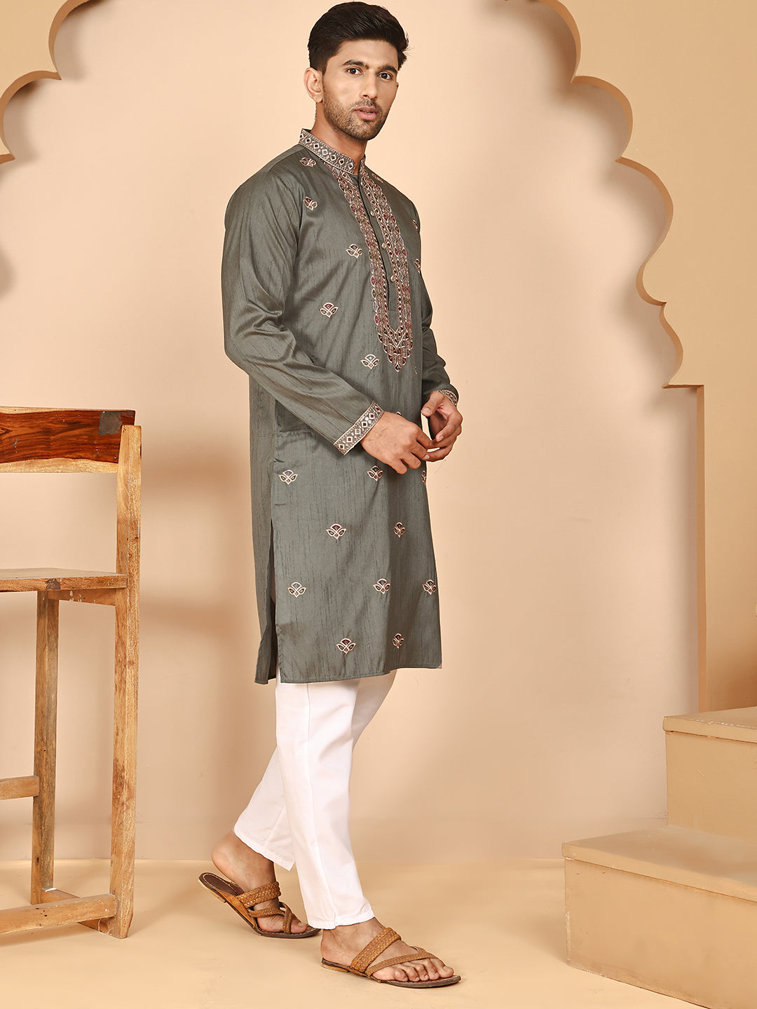 Embroidered Neck Kurta Set For Men