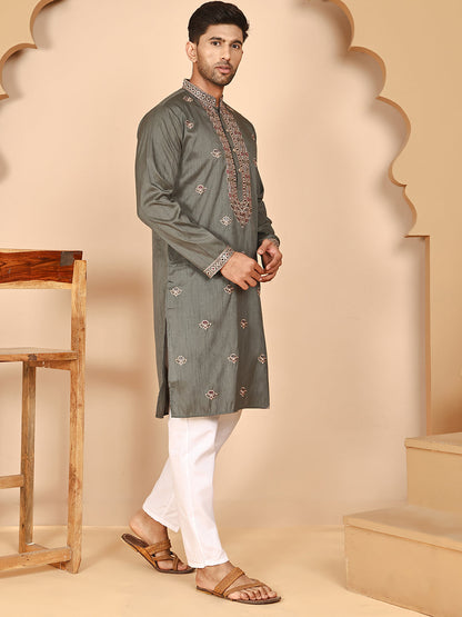 Embroidered Neck Kurta Set For Men