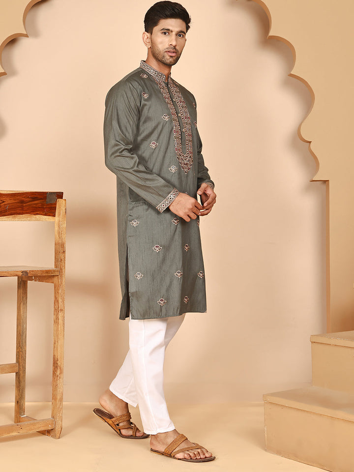 Embroidered Neck Kurta Set For Men
