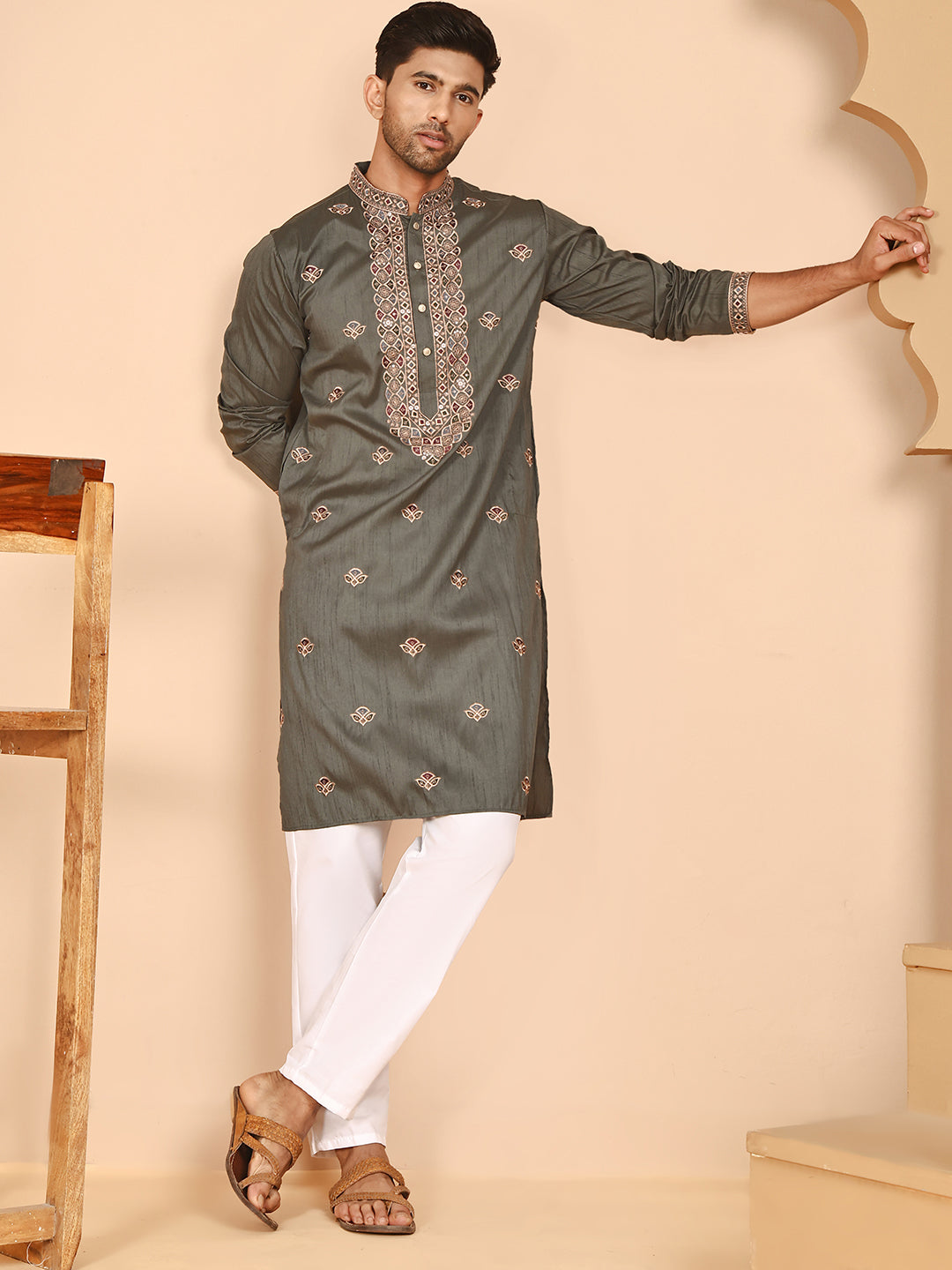 Embroidered Neck Kurta Set For Men