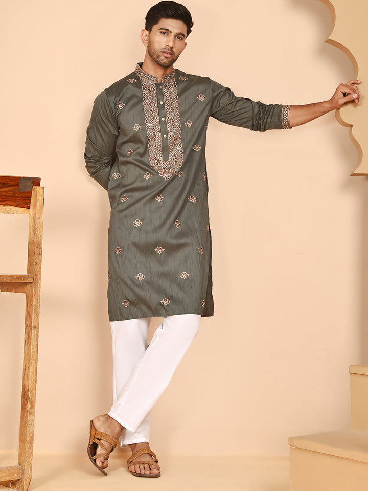 Embroidered Neck Kurta Set For Men