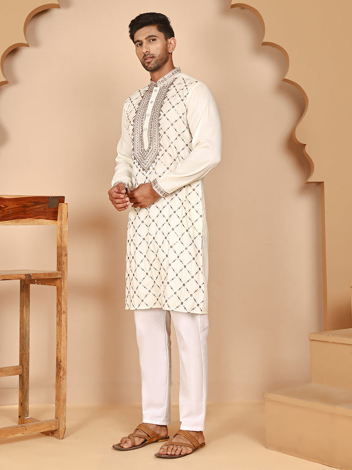 Classic White Embroidered Kurta Pyjama Set For Men