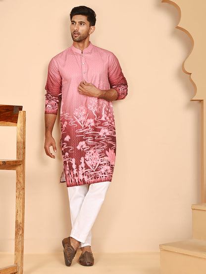Thread Work & Sequin Embellished Printed Kurta Set For Men