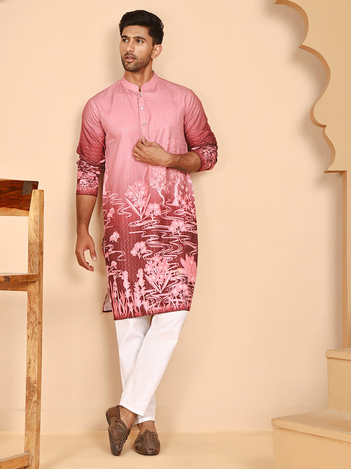 Thread Work &amp; Sequin Embellished Printed Kurta Set For Men
