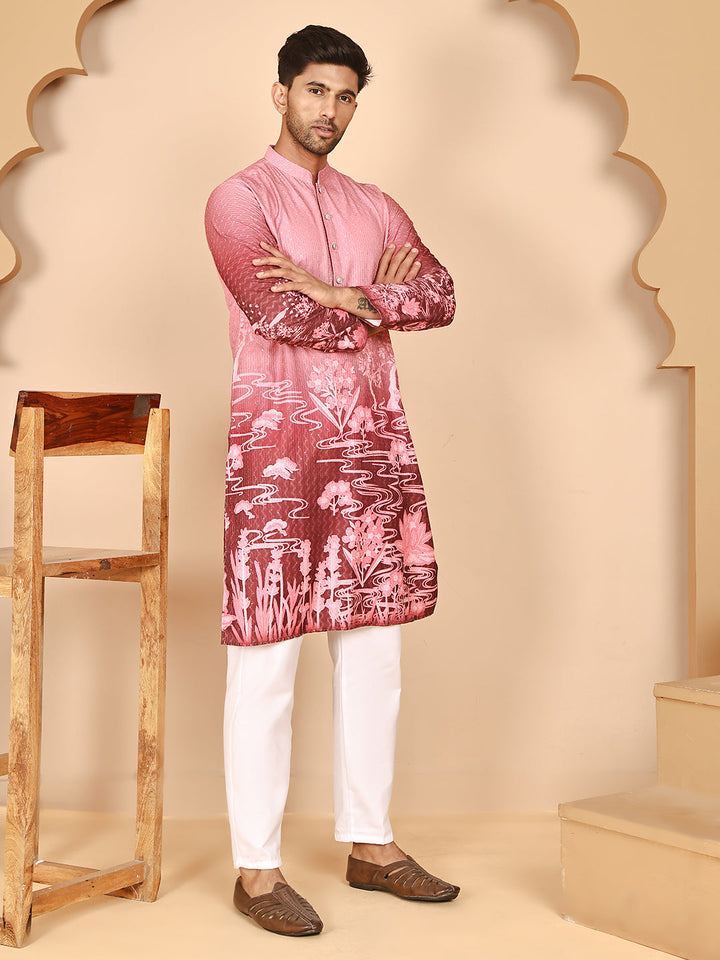 Thread Work &amp; Sequin Embellished Printed Kurta Set For Men