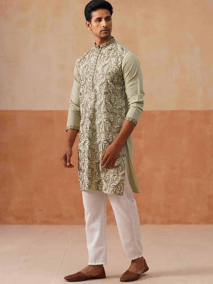 Floral Thread Embroidered Silk Blend Kurta Set