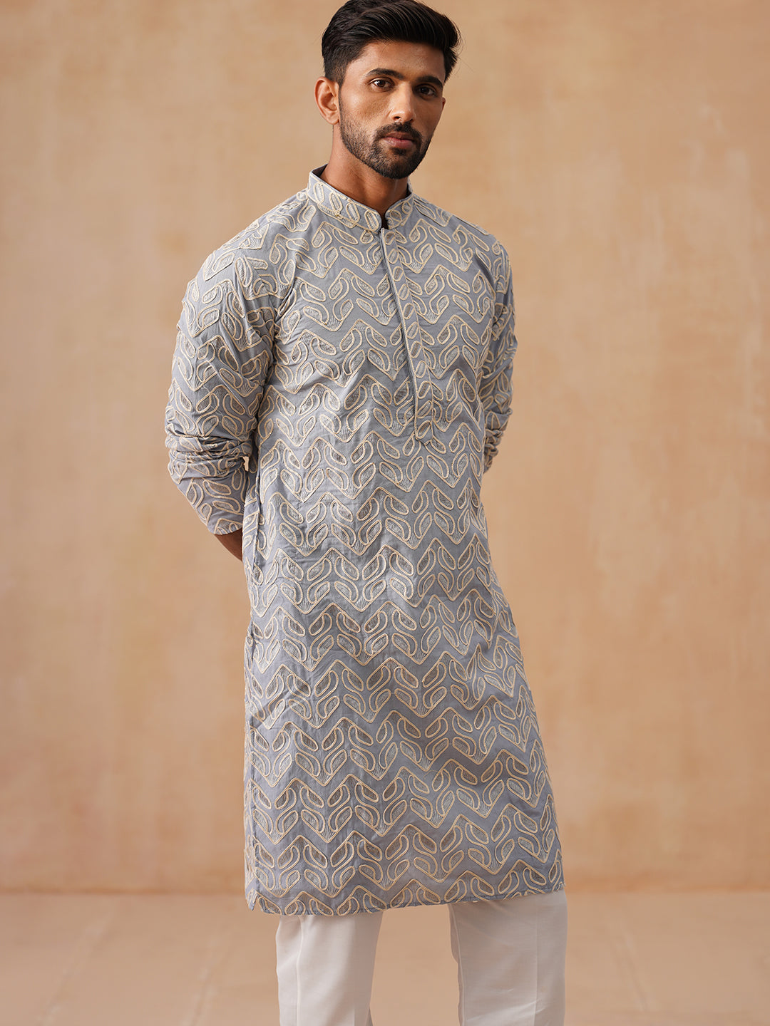 Floral Thread Embroidered Silk Blend Kurta Set