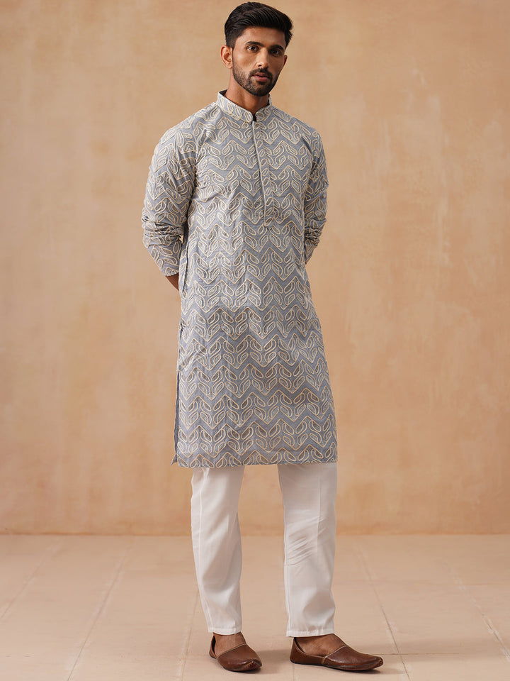 Floral Thread Embroidered Silk Blend Kurta Set
