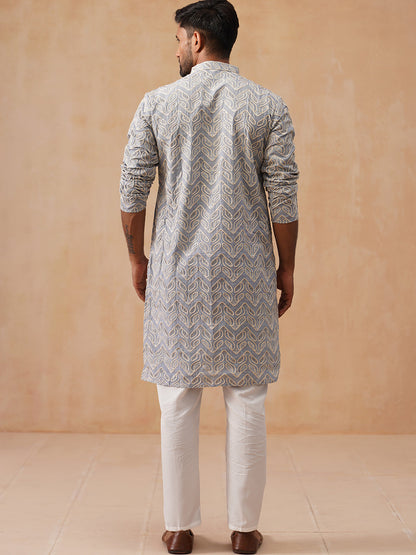 Floral Thread Embroidered Silk Blend Kurta Set
