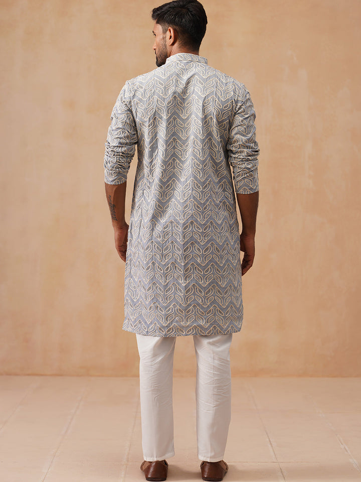Floral Thread Embroidered Silk Blend Kurta Set
