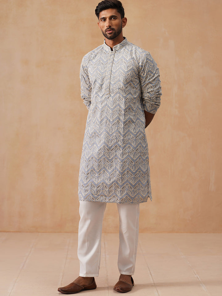 Floral Thread Embroidered Silk Blend Kurta Set