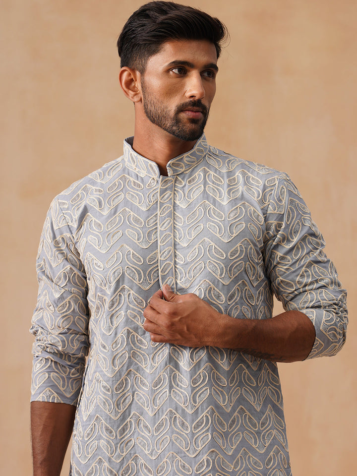 Floral Thread Embroidered Silk Blend Kurta Set