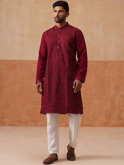 Men'S Silk Blend Embroidered Kurta Pyjama Set