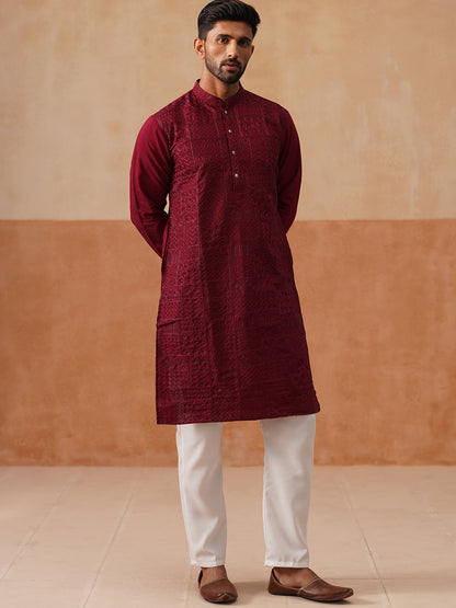 Men'S Silk Blend Embroidered Kurta Pyjama Set
