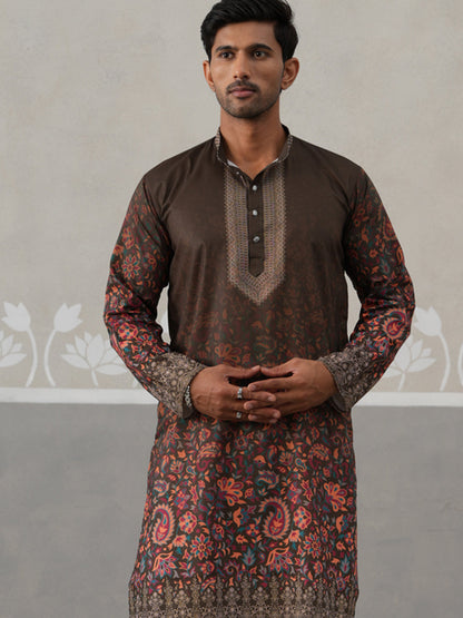 Olive Floral Printed Kurta Pyjama For Men