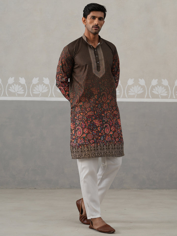 Olive Floral Printed Kurta Pyjama For Men