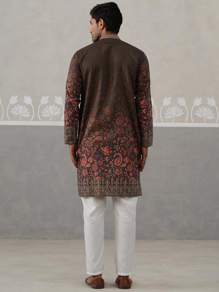 Olive Floral Printed Kurta Pyjama For Men