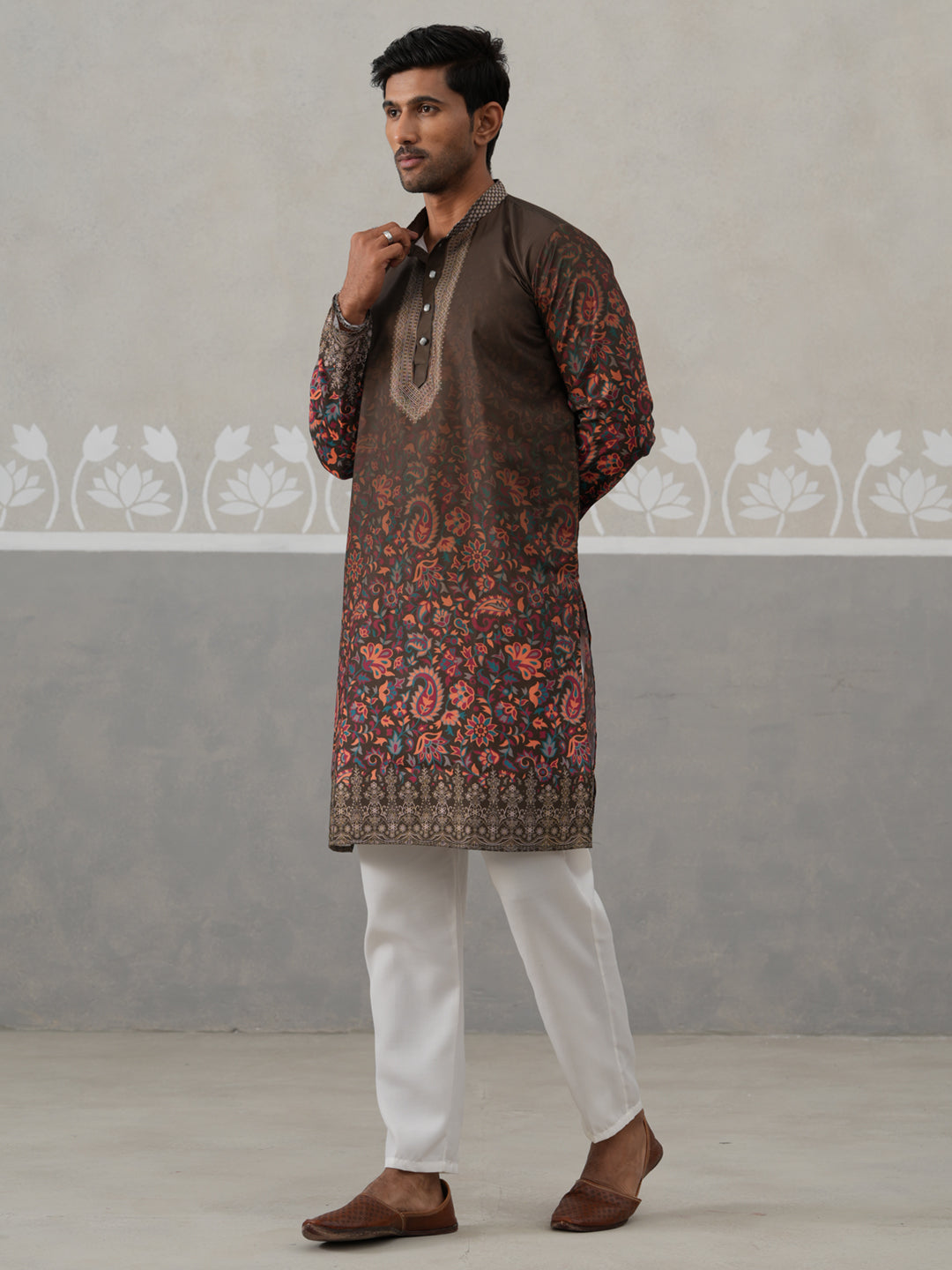 Olive Floral Printed Kurta Pyjama For Men