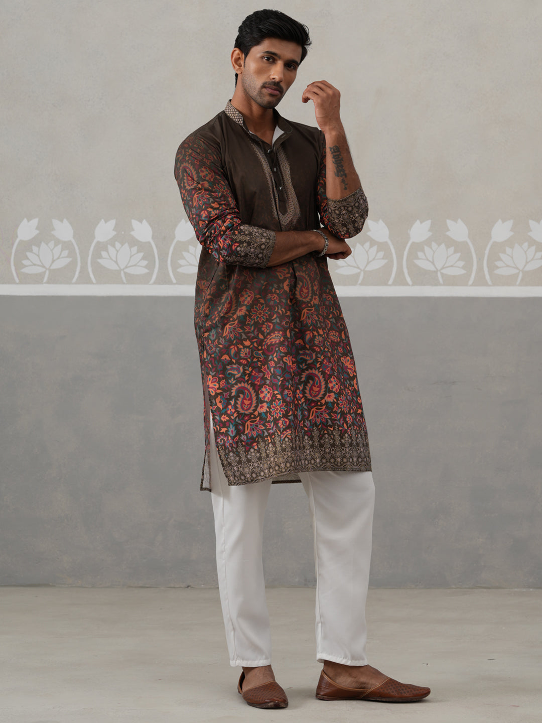 Olive Floral Printed Kurta Pyjama For Men