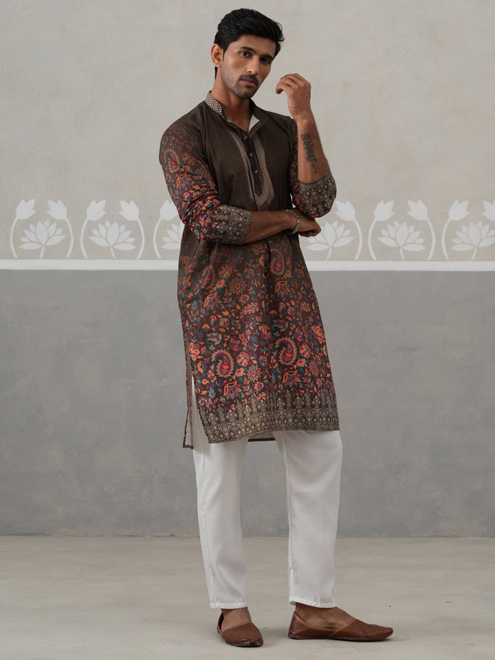 Olive Floral Printed Kurta Pyjama For Men