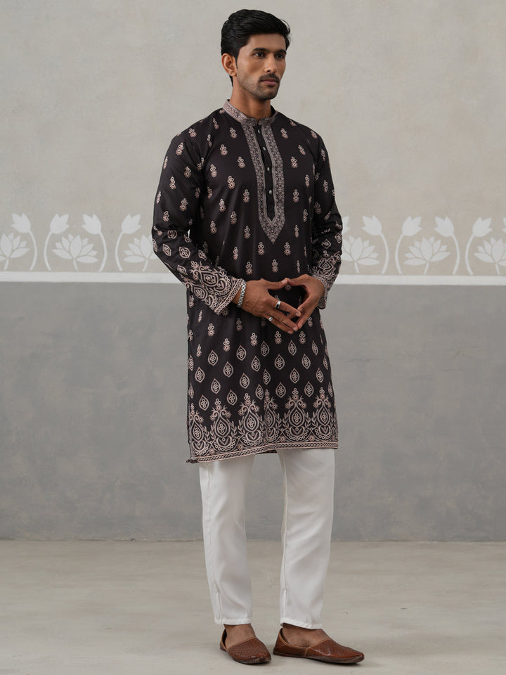 Men’S Ethnic Black Kurta Pajama Set With Traditional Print