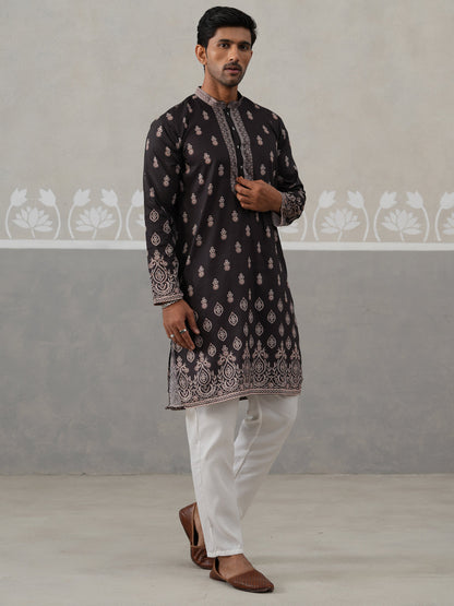 Men’S Ethnic Black Kurta Pajama Set With Traditional Print