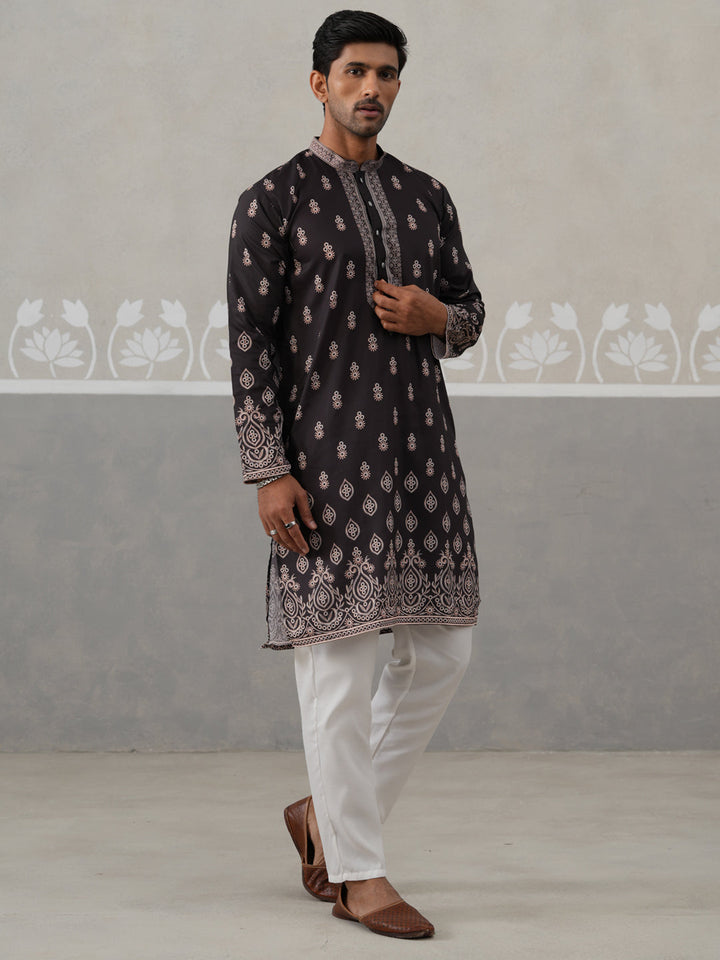 Men’S Ethnic Black Kurta Pajama Set With Traditional Print