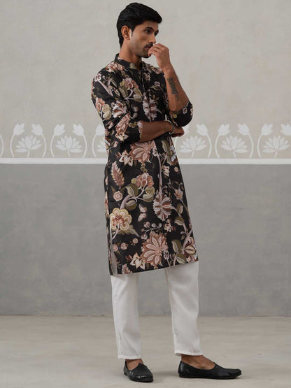 Men'S Floral Printed Cotton Straight Kurta Pyjama Set.