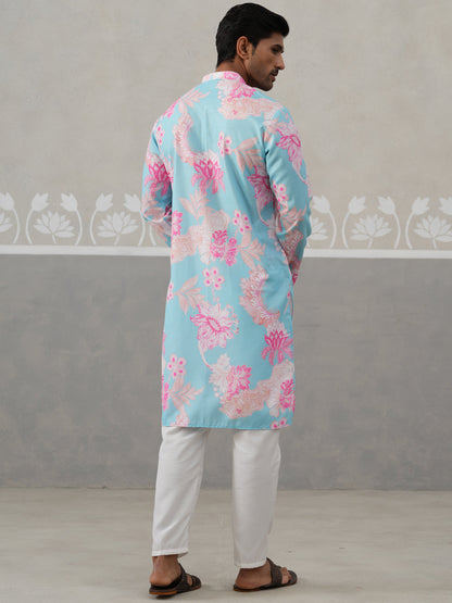 Men'S Floral Printed Cotton Straight Kurta Pyjama Set.