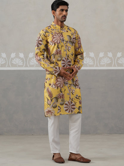 Men'S Floral Printed Cotton Straight Kurta Pyjama Set.