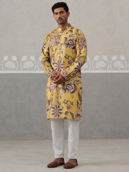 Men'S Floral Printed Cotton Straight Kurta Pyjama Set.