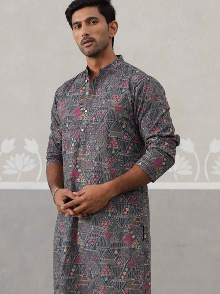 Printed And Embroidered Kurta Pyjama Set.