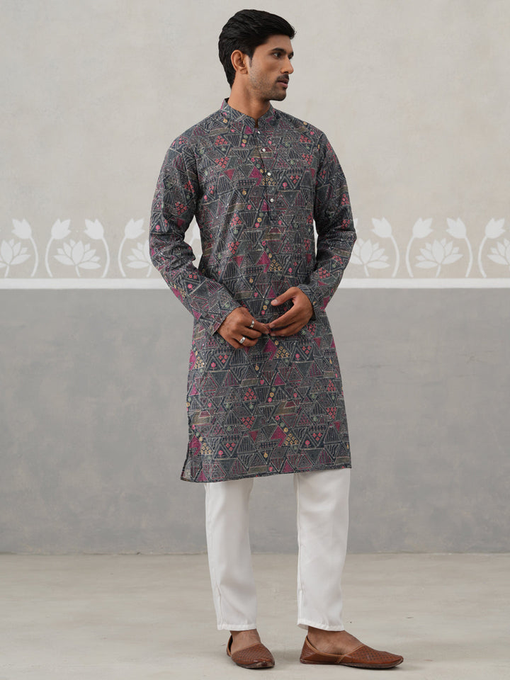 Printed And Embroidered Kurta Pyjama Set.