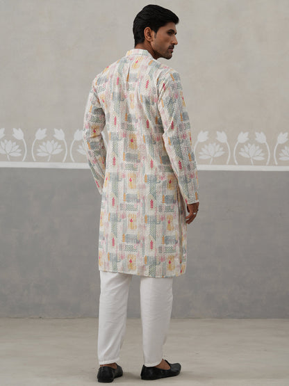 Printed And Embroidered Kurta Pyjama Set.
