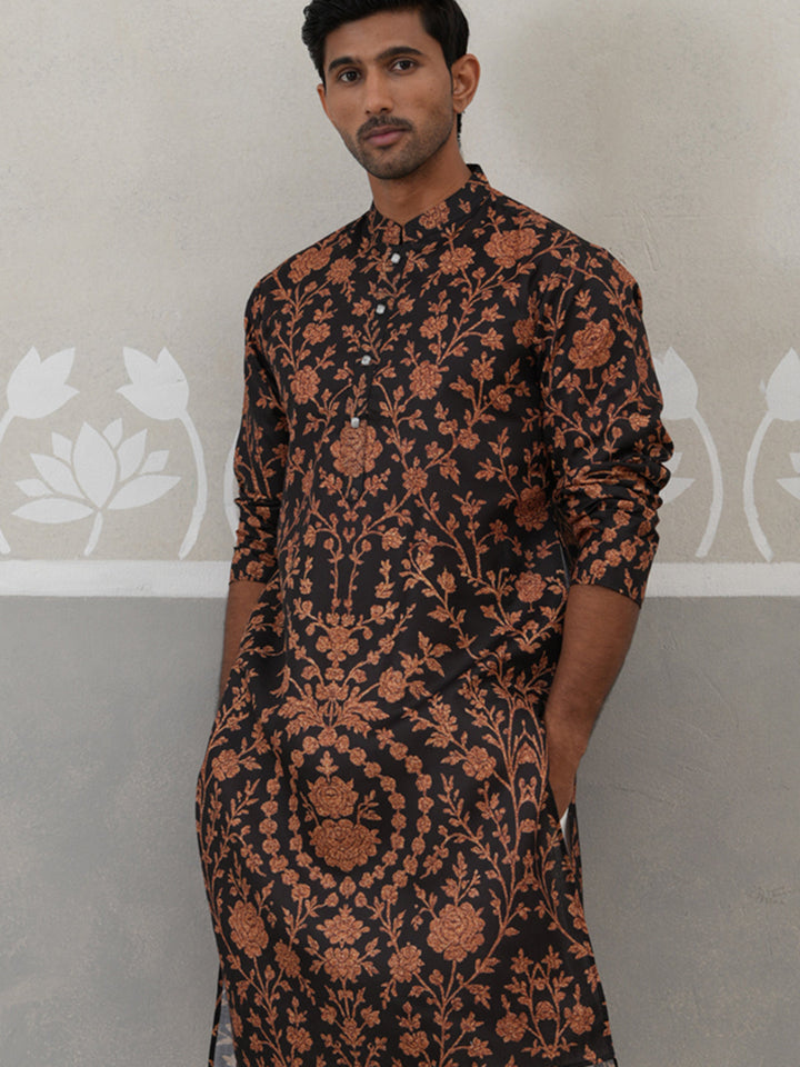 Floral Printed Cotton Kurta Pyjama For Men