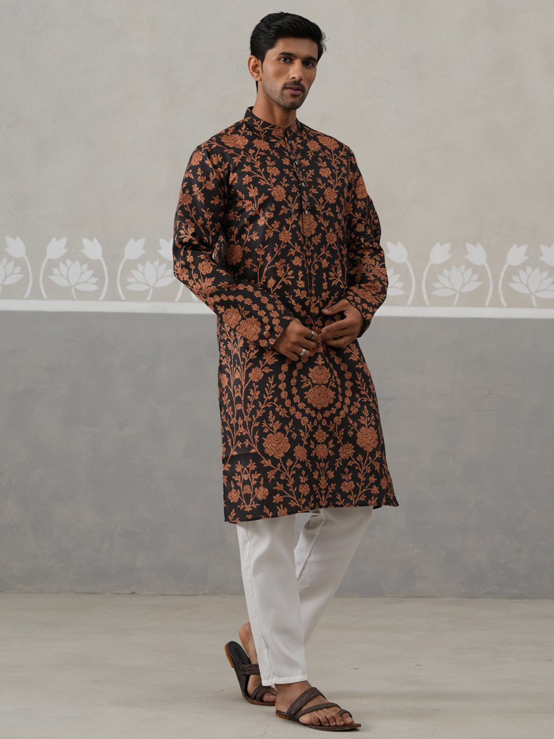 Floral Printed Cotton Kurta Pyjama For Men