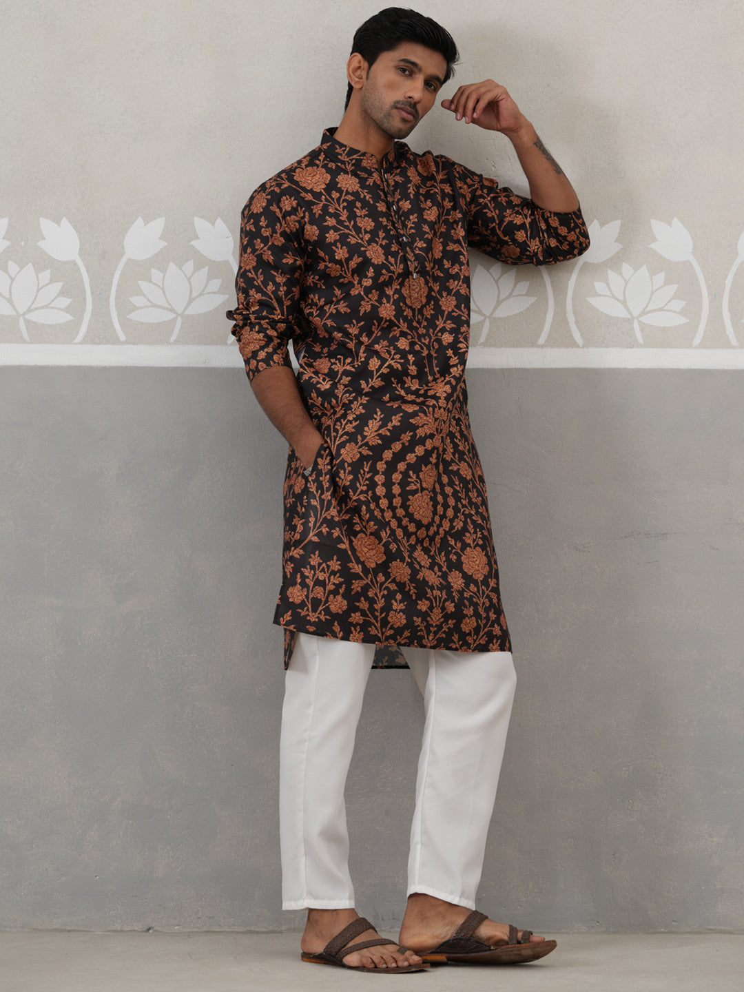 Floral Printed Cotton Kurta Pyjama For Men