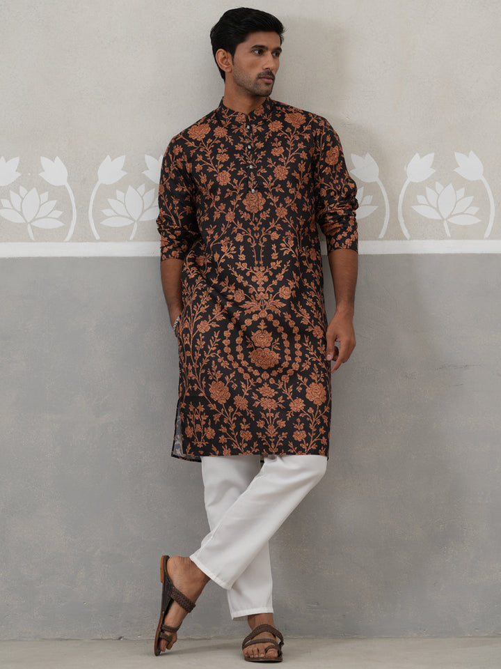 Floral Printed Cotton Kurta Pyjama For Men
