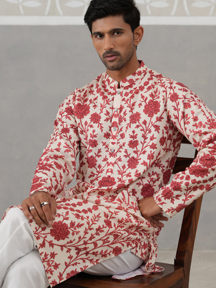 Floral Printed Cotton Kurta Pyjama For Men