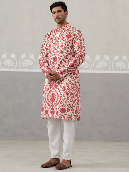 Floral Printed Cotton Kurta Pyjama For Men