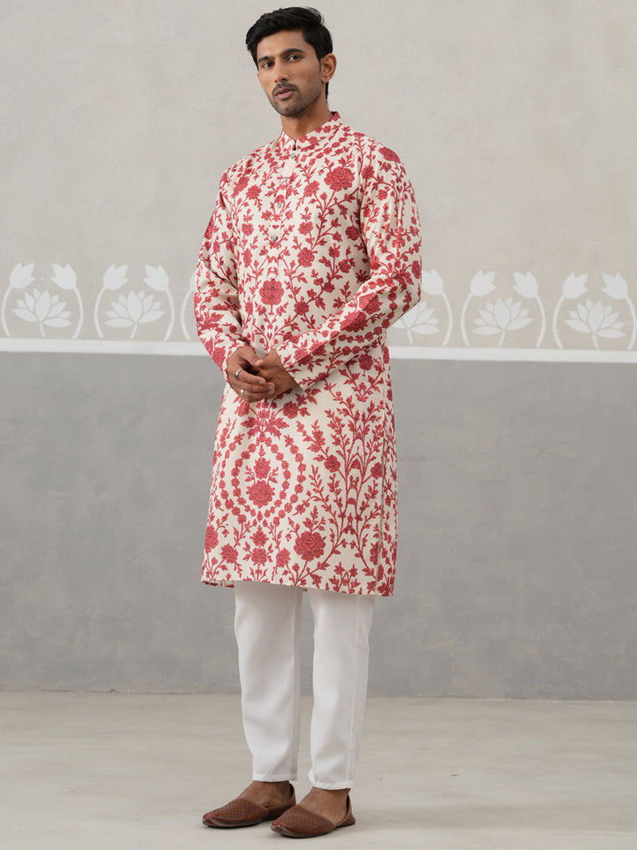Floral Printed Cotton Kurta Pyjama For Men