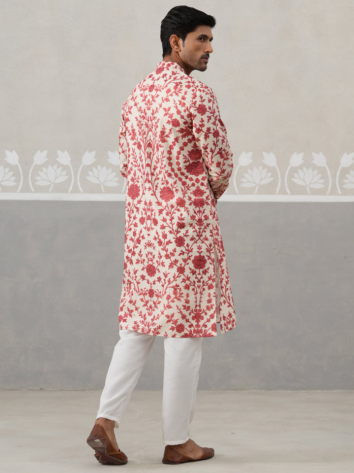 Floral Printed Cotton Kurta Pyjama For Men