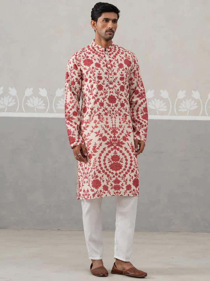 Floral Printed Cotton Kurta Pyjama For Men