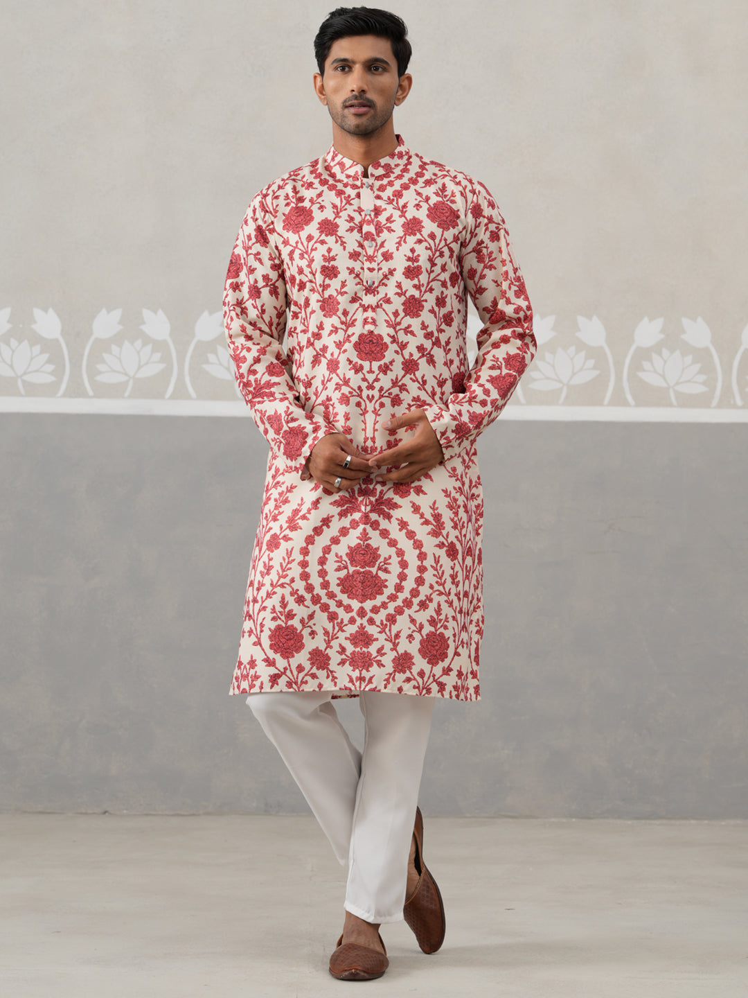 Floral Printed Cotton Kurta Pyjama For Men