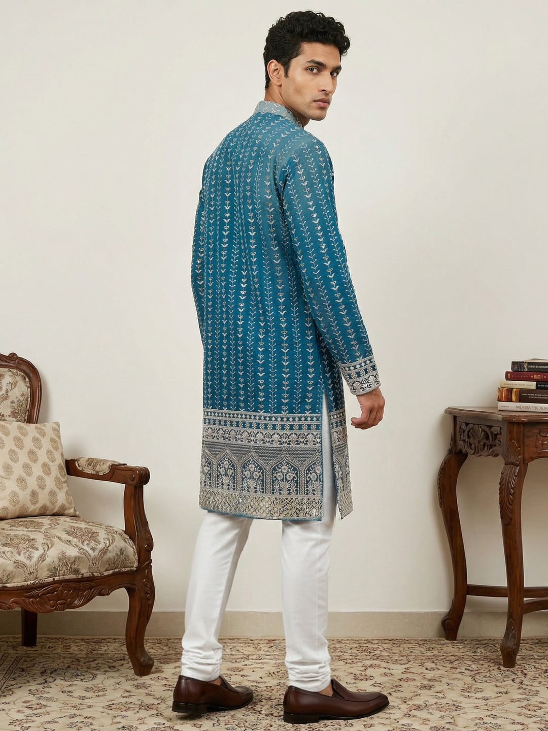 Designer Embroidery Silk Blend Kurta Pyjama For Men