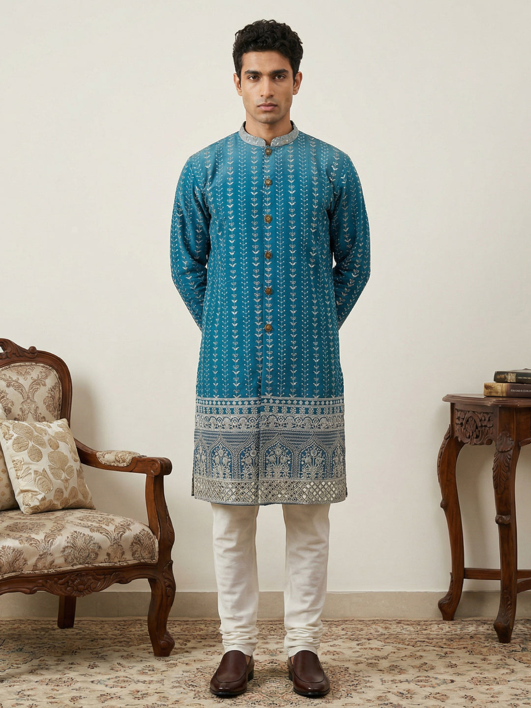 Designer Embroidery Silk Blend Kurta Pyjama For Men