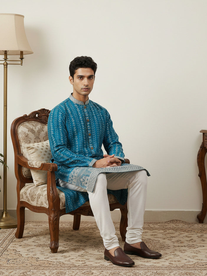 Designer Embroidery Silk Blend Kurta Pyjama For Men