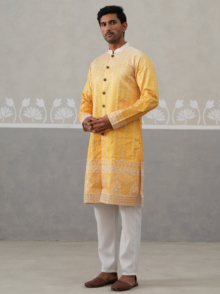 Designer Embroidery Silk Blend Kurta Pyjama For Men
