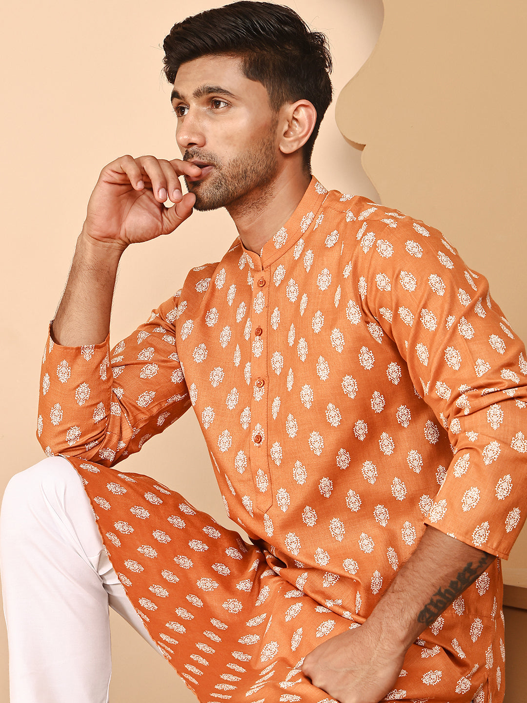 Floral Printed Kurta With Churidar For Men
